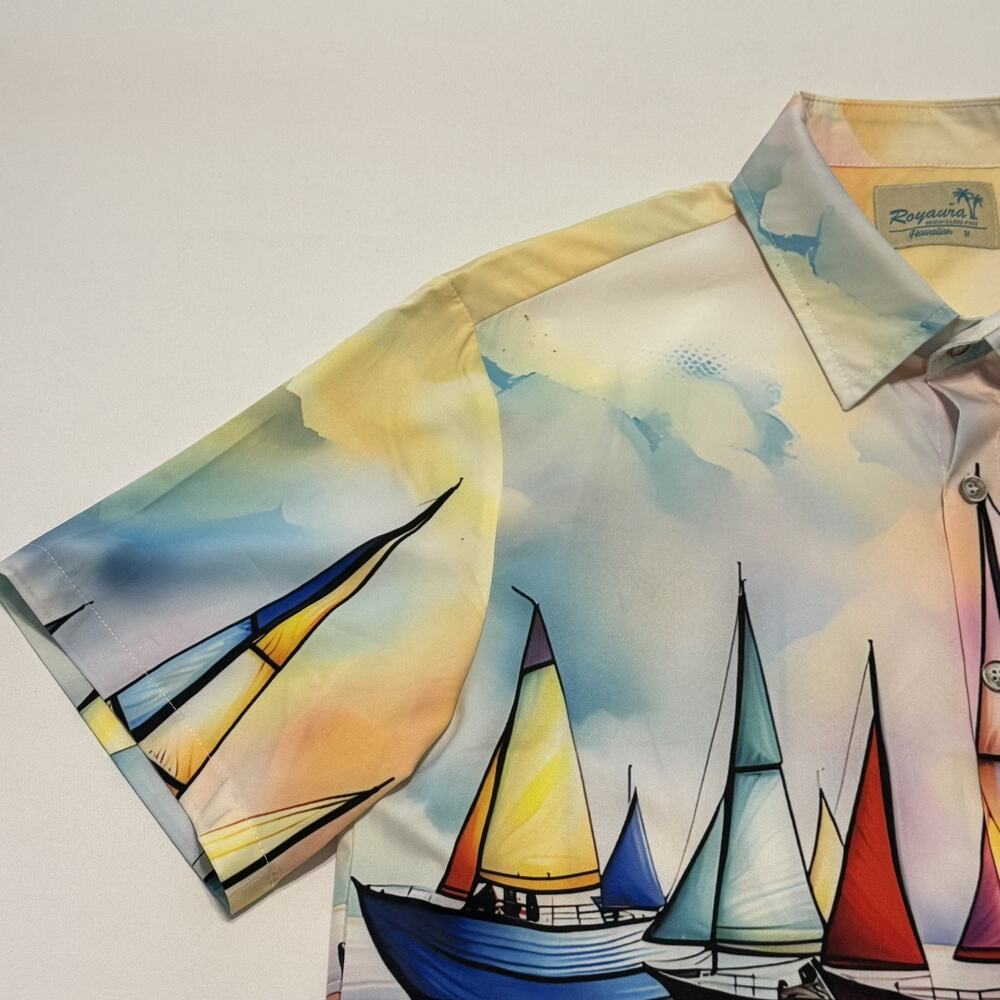 Royaura Men's Hawaiian Short Sleeve Medium Multi Color Sail Boat Print Shirt - Picture 10 of 14